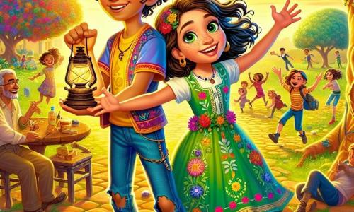 Aladdin, un băiat de 12 ani cu părul negru și creț, poartă un tricou colorat și o pereche de blugi uzați. Fața lui exprimă determinare și bucurie, în timp ce ține în mâini o lampă veche, plină de praf. Lângă el, Jasmine, o fetiță de 11 ani cu părul lung și brunet și ochi strălucitori, poartă o rochie verde cu motive florale. Ea zâmbește, cu brațele deschise, de parcă ar vrea să îmbrățișeze lumea. Decorul este un parc plin de culori, cu copaci cu frunze și flori strălucitoare, iluminat de lumina aurie a soarelui apunând. Copiii se joacă în depărtare, râzând și alergând, în timp ce adulții se adună în jurul meselor din lemn, împărtășind râsete și povești. Situația principală îi arată pe Aladdin și Jasmine, înconjurați de prieteni, plantând împreună un copac, simbolizând unitatea și speranța pentru un viitor mai bun. Fețele copiilor sunt iluminate de entuziasm și bucurie, în timp ce o briză ușoară face să danseze frunzele din jurul lor.