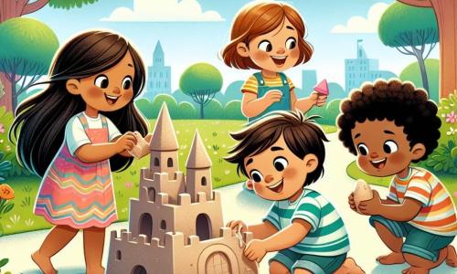 En un parque soleado, cuatro niños juegan juntos. Lucía, una niña de 8 años con cabello largo y castaño, lleva un vestido colorido y sonríe alegremente mientras construye un castillo de arena. A su lado, Miguel, un niño de 9 años con cabello corto y castaño, está moldeando una pared de arena con las manos, luciendo concentrado. Ana, una niña de 7 años con cabello rizado y negro, lleva una camiseta a rayas y ríe mientras añade conchas al castillo. Finalmente, Samuel, un niño de 8 años con cabello negro y rizado, lleva una camiseta con patrones coloridos y se agacha para recoger pequeñas banderas de plástico para decorar el castillo. El parque está lleno de vegetación, con grandes árboles de hojas brillantes y flores coloridas que bordean el camino. A lo lejos, se ve un cielo azul claro salpicado de nubes blancas y esponjosas, mientras las risas de los niños resuenan en el aire. La escena principal muestra a los cuatro amigos colaborando para construir un hermoso castillo de arena, simbolizando la amistad y la tolerancia, cada uno aportando sus ideas y talentos, compartiendo risas y palabras en diferentes idiomas.