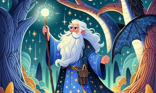 Un hombre de unos 60 años, el mago Arion, se encuentra orgullosamente en el centro del escenario. Tiene una larga barba plateada que brilla como estrellas y lleva una túnica azul adornada con estrellas doradas. Su rostro expresa determinación y sabiduría, y sus ojos destilan un brillo mágico. Empuña un bastón luminoso, listo para enfrentar el peligro. A su lado, un majestuoso dragón negro, con escamas brillantes, adopta una postura protectora. Sus ojos brillan de inteligencia y curiosidad, observando a Arion con respeto. El decorado se sitúa en un claro encantado, rodeado de árboles gigantes con troncos retorcidos y hojas brillantes, bajo un cielo estrellado donde la luna ilumina la escena con una luz suave y mística. La situación principal muestra a Arion, el mago, listo para recuperar la valiosa Esfera de Luz, flotando frente a él, mientras el dragón lo vigila, creando una atmósfera de tensión y magia en este bosque misterioso.