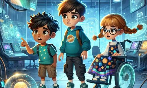 In un laboratorio futuristico, tre amici si trovano insieme: Luca, un ragazzo di 11 anni con i capelli castani arruffati e gli occhi pieni di curiosità, osserva con fascinazione uno schermo olografico. Indossa una maglietta blu e pantaloni cargo. Mia, una ragazza di 11 anni con capelli biondi intrecciati e occhiali rotondi, si avvicina a un dispositivo luminoso, le mani tese con meraviglia. Indossa un vestito colorato decorato con motivi di pianeti. Sam, un ragazzo di 11 anni con capelli neri e un sorriso determinato, è seduto su una sedia a rotelle flottante, esaminando un piano su un tablet. Indossa una felpa verde e jeans. Il laboratorio è pieno di macchine brillanti, monitor lampeggianti e ologrammi flottanti, con muri di vetro che mostrano una città futuristica sullo sfondo, illuminata da neon colorati. I tre amici hanno appena scoperto un misterioso portale incandescenti al centro della stanza, che scintilla di una luce dorata, invitandoli a entrare in un mondo sconosciuto.