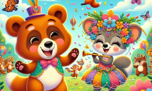 Ein kleiner brauner Bär mit weichem Fell und strahlenden Augen tanzt begeistert inmitten einer bunten Wiese, umgeben von leuchtenden Blumen und schwirrenden Schmetterlingen. Neben ihm lächelt ein schlauer, leuchtend orangefarbener Fuchs mit einem buschigen Schwanz stolz in einem glitzernden, bunten Kostüm und spielt mit einer kleinen Flöte. Etwas weiter applaudiert eine kleine graue Maus, die ein Kleid aus Blütenblättern trägt, voller Begeisterung mit glänzenden Augen. Der Ort ist eine sonnige Wiese, übersät mit bunten Blumen unter einem klaren blauen Himmel, wo Girlanden von Laternen in der Luft schweben und eine festliche, fröhliche Atmosphäre schaffen. Die Hauptsituation zeigt die Charaktere, die den Karneval feiern, zusammen singen und tanzen, erfüllt von Freude und Freundschaft, während ein glitzernder Schatz aus Konfetti und Süßigkeiten im Mittelpunkt der Szene strahlt.