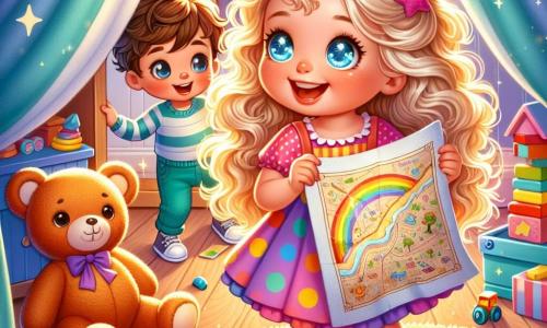 O fetiță de 6 ani, Mara, cu părul blond creț și ochi strălucitori ca stelele, zâmbește fericită ținând în mână o hartă a comorii colorată. Poartă o rochie cu buline colorate și pare plină de entuziasm și curiozitate. Lângă ea, fratele ei mai mic, Andrei, în vârstă de 3 ani, cu părul castaniu și un zâmbet jucăuș, se uită la hartă cu uimire, ținându-se de mână cu sora sa. Teddy, un urs de pluș brun, stă pe podea cu un aer prietenos, iar Lala, o păpușă cu părul roz, este așezată lângă Andrei, ca o complică a aventurii. Scena are loc într-o cameră de joacă luminoasă, plină de jucării colorate, blocuri din lemn și un covor mare și pufos cu motive vesele. În fundal, un dulap mare din lemn se ridică, părând misterios și primitor în același timp. Mara și Andrei se pregătesc să deschidă ușa dulapului, nerăbdători să descopere comoara ascunsă în interior. Atmosfera este plină de magie și emoție, cu raze de soare filtrându-se prin fereastră, iluminând camera cu o lumină aurie.