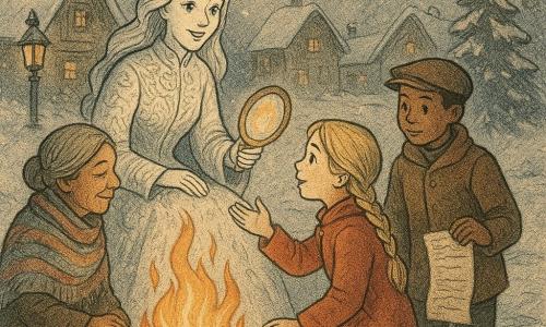 Die Schneekönigin (aus dem Märchen von Hans Christian Andersen), blasses Gesicht mit leicht geröteten Wangen, glänzende blaue Glasaugen, trägt ein langes brokatweiß-silbernes Kleid, lächelt sanft und hält einen rundes Spiegelchen, das warmes Licht ausstrahlt; sie sitzt am Rand eines großen Lagerfeuers. Gerda, etwa 9 Jahre alt, geflochtene blonde Haare, einfacher roter Mantel, hockt neben der Königin und blickt staunend in den Spiegel, die Hand ausgestreckt, um das Licht zu berühren. Ein etwa 12-jähriger Briefträgerjunge in braunem Wollmantel steht hinter Gerda, hält eine Namensliste und betrachtet neugierig die Szene. Eine alte Frau mit grauen Haaren im Dutt und bunter Strickschal sitzt auf einer Holzbank am Feuer und lächelt. Der Windgeist erscheint als durchscheinliche Silhouette eines alten Mannes mit nebelartigem Bart, die im Hintergrund schwebt und von Flocken umgeben ist. Schauplatz ist ein verschneiter Dorfplatz mit Holzhäusern und schneebedeckten Dächern, dunklen Tannen, einer hängenden Schmiedeeisenlaterne und Rauch aus den Schornsteinen; das Feuer wirft orangefarbene Reflexe auf den Schnee und lange Schatten. Hauptszene: die Königin erzählt am Feuer, der Spiegel projiziert kleine Lichtbilder, Kinder sitzen gebannt mit erleuchteten Gesichtern und gewärmten Händen; die Stimmung ist warm, intim und sanft.
