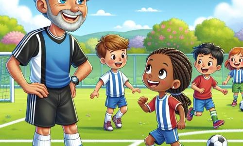 Ein mittelalter Mann, Herr Müller, steht auf einem grünen Fußballfeld und lächelt stolz. Er trägt ein blaues Fußballtrikot mit weißen Streifen, schwarze Shorts und Sportschuhe. Seine grauen Haare sind nach hinten gekämmt, und seine Augen funkeln vor Begeisterung, während er den Kindern zeigt, wie man den Ball dribbelt. Neben ihm übt ein zehnjähriges Mädchen mit langen geflochtenen Haaren und einem roten Trikot, konzentriert und entschlossen. Ein neunjähriger Junge mit einer blauen Kappe und grünen Shorts spielt Pässe mit einem anderen Kind, lacht und hat Spaß. Der Platz ist von Grün umgeben, mit blühenden Bäumen und einem blauen Himmel mit weißen Wolken. Zuschauer, Eltern und Freunde stehen im Hintergrund, applaudieren und feuern die Kinder an. Herr Müller gibt den Kindern Tipps, die begeistert ihre Fußballfähigkeiten verbessern, wodurch eine fröhliche und dynamische Atmosphäre entsteht.