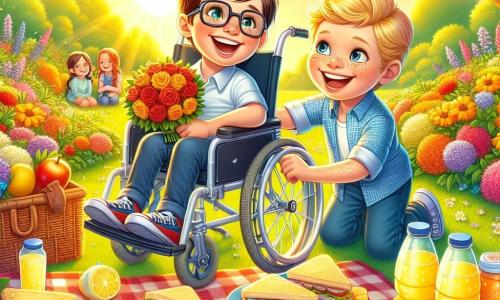 Es gibt zwei Jungen, Max und Leo, die 8 Jahre alt sind. Max sitzt im Rollstuhl, hat braune Haare und eine Brille und lächelt fröhlich. Leo, mit blonden Haaren und Sommersprossen, schiebt begeistert Max' Rollstuhl. Sie befinden sich in einem bunten Garten, umgeben von leuchtenden Blumen und üppigem Grün. Der Garten ist in goldenes Licht getaucht, mit einer großen, bunten Picknickdecke auf dem Gras. Auf der Decke liegen köstliche Sandwiches, Flaschen mit Sprudel-Limonade und zwei schöne, frisch gepflückte Blumensträuße. Die Hauptsituation zeigt Max und Leo, die vor Freude strahlen und eine Überraschung für ihre Mütter vorbereiten, mit strahlenden Lächeln und einer festlichen Atmosphäre, während die Sonne über ihnen scheint und eine warme, fröhliche Stimmung schafft.