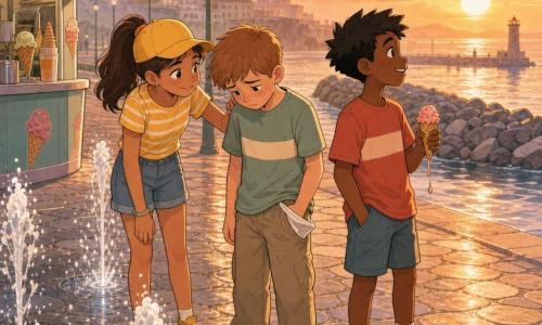 Tres niños: Nico (niño de ~11 años, pelo castaño corto, rostro redondo con pecas, mira su bolsillo vacío y el pantalón mojado, en el centro), Vega (niña de ~12 años, pelo castaño en coleta alta, gorra amarilla, sonriente y inclinada hacia Nico consolándolo, a la izquierda) e Iker (niño de ~11 años, pelo negro corto, expresión traviesa, sostiene un helado que se derrite, a la derecha mirando al mar). Escenario: paseo marítimo al atardecer con adoquines, fuente con chorros y gotas brillantes, quiosco de helados y gran escollera de piedras grises; cielo naranja suave y ligera bruma. Situación y ambiente: los tres junto a la fuente; Nico perdió un llavero en forma de pez; atmósfera veraniega, colores cálidos y pastel, reflejos de agua; estilo: trazos suaves, contornos redondeados y textura de cómic con expresiones claras de tristeza suave, solidaridad y amistad cálida.