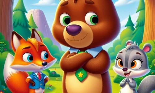 Un oso pardo, llamado Bruno, con un pelaje suave y brillante, se encuentra en el centro de la escena, mostrando una expresión de curiosidad y determinación. Observa atentamente a sus amigos, listo para ayudar a resolver un conflicto. A su derecha, un astuto zorro, Zacarías, con un pelaje naranja brillante y ojos traviesos, cruza los brazos, mostrando frustración. A su izquierda, una pequeña ardilla llamada Sofía, con un pelaje gris y ojos chispeantes, se frota las manos, mostrando ligera preocupación. El escenario se desarrolla en un claro soleado, rodeado de majestuosos árboles de hojas verdes brillantes, con flores coloridas en el suelo. La situación principal muestra a Bruno, Zacarías y Sofía discutiendo alrededor de una pelota de juego, buscando un compromiso para divertirse juntos, ilustrando la importancia de la comunicación y la paz en su amistad.