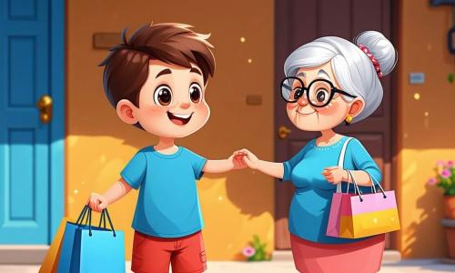 Un niño de 8 años, Sami, con cabello castaño despeinado y ojos brillantes de curiosidad, sonríe alegremente mientras ayuda a una anciana. Lleva una camiseta azul brillante y un short rojo, y sostiene una pesada bolsa de compras. A su lado, Doña Carmen, una mujer mayor con cabello gris recogido y gafas redondas, le agradece con una sonrisa cálida, sus manos arrugadas sosteniendo un bastón de madera. La escena tiene lugar en un parque soleado, lleno de flores coloridas y árboles verdes, con niños jugando a lo lejos. Sami y Doña Carmen están cerca de un banco de madera, rodeados de risas infantiles y el canto de los pájaros. La situación principal muestra a Sami, lleno de energía y bondad, ayudando a Doña Carmen a llevar sus compras, ilustrando el espíritu de generosidad y camaradería del Ramadán.