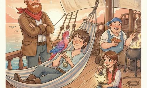 Ein junger Pirat namens Finn (etwa 18) liegt entspannt in einer beige-blau gestreiften Hängematte, lächelnd, braune strubbelige Haare, Sommersprossen, die Augen halb geschlossen, eine Hand hält behutsam eine kleine glänzende Kompassnadel; eine bunte Wellensittichdame Lila (rot-violett-blau) sitzt auf seiner linken Schulter und neigt sich, fedrig schimmernd mit erhobener Haube, zu ihm; Matze (etwa 35), großer Mann mit dichtem roten Bart, steht am Poller mit verschränkten Armen und beschützendem Lächeln, trägt eine Rippenjacke und rotes Halstuch; Mia (etwa 12) sitzt mit braunen Zöpfen neben einer Holzkiste auf dem Deck und hält eine kleine Öllampe, die warmes Licht wirft; Kalle, der Koch (ca. 40), rundlich und fröhlich, hockt neben einem Kessel und hält ein Stück Kuchen, leise lachend; Schauplatz: poliertes Holzdeck eines kleinen Piratenschiffs mit verhedderten Tauen, zusammengelegten weißen Segeln, einem orangefarbenen Sonnenuntergang mit aufkommenden Sternen, goldenem Meeresschein und entfernten Möwen; Stimmung: ruhiger Abend nach dem Abenteuer, warm und geborgen, weiches Licht, Aquarell-ähnliche weiche Texturen mit weißen Gelstiftakzenten auf Glanzlichtern und Konturen.