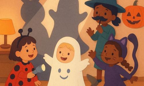 Four children, about 3: Mia with short brown hair in a red-and-black ladybug costume holding a small silver flashlight at left, joyful looking at the wall; Lily with a blonde bob in a soft white ghost costume with a smiling hood, sitting front center with arms wide and flashlight aimed at the wall; Nora with light-brown braided hair in a purple cat costume with painted whiskers at right, leaning forward and twirling an imaginary tail toward the ceiling with her flashlight; Zoe with black pigtails in a dark-green little witch costume with a slipping big hat behind the others, holding a paper fake mustache under the hat and casting a large hat shadow on the wall. Cozy living room at dusk with light wood floor, small colorful rug, warm table lamp, paper pumpkin on the wall and an open dress-up box with mustaches and hats. Main scene: they play with flashlights projecting large funny silhouettes on the wall (rabbit ears, ghost blob, corkscrew tail, huge hat with mustache), warm colors, visible paper-cut textures, happy, conspiratorial expressions.