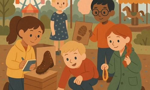 Vijf kinderen onderzoeken een schoen en een modderafdruk op een dorpskermis overdag: Noor (7) met bruine paardenstaart en gele jas links houdt een klein schrift en kijkt naar een schoen op een kist; Sam (7) blond met rode trui hurkt naast haar en wijst naar een modderafdruk; Iben (7) roodharig in vlecht en groene jas rechts houdt een pluk haar en een rolmaat om de afdruk te meten; Tibo (7) met zwart haar en ronde bril staat achter Sam en houdt een karton met een schoenafdruk ter vergelijking; Saar (9) kort blond, jurk met stippen, staat op de achtergrond bij een open doos met een schoen met kleine ronde studs en kijkt glimlachend; scène helder en gecentreerd, kleurrijk kermisdecor met reuzenrad, carrousel, roze suikerspinkramen, lampionnen, confetti op modderige grond, een bosje bomen en een "Carnaval"-banner.
