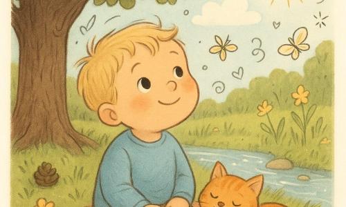 Dwulatek o blond włosach, pulchny, z okrągłą twarzą i dużymi ciekawymi oczami, siedzi na małym kraciastym kocu pod dużym dębem; nieśmiało się uśmiecha, patrzy w niebo, ręce na kolanach. Obok po prawej wtulony pręgowany rudy kot z puszystą sierścią mruczy, oczy półprzymknięte, ogon owinięty wokół łap. Kilka kroków za nimi meandruje przejrzysty strumyk z błyszczącą wodą i kamykami, widać fale i delikatne pluski. Dąb szeroki, kora sękata, liście warstwowe, na ziemi kilka szyszek i cień osłaniający scenę. Tło: nasłoneczniona polana, wysoka trawa z żółtymi kwiatami i motylami, jasnoniebieskie niebo z prostym, uśmiechniętym słońcem. Główna sytuacja: spokojny, kontemplacyjny moment — chłopiec słucha strumyka i szumu wiatru, otoczony miękkimi fakturami i ciepłymi barwami, kompozycja skupiona i intymna.
