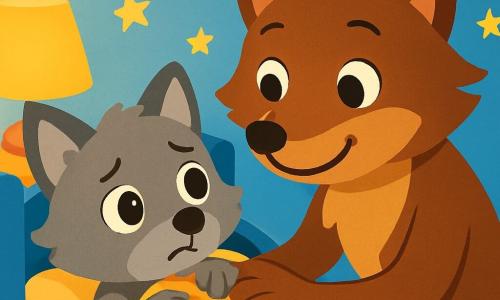 Ein kleiner Wolf mit großen, runden und glänzenden Augen, einem weichen, grauen Fell, liegt in seinem Bett. Er hat einen besorgten Gesichtsausdruck, seine Ohren sind aufgerichtet und er hält seine Decke fest um sich. Seine Mama, eine braun und seidig gefärbte Wölfin, sitzt neben ihm und lächelt beruhigend. Sie hat warme, liebevolle Augen und hält sanft seine Pfote, um ihm Trost zu spenden. Die Szene spielt in einem gemütlichen Zimmer mit hellblauen Wänden und goldenen Sternen, die an der Decke leuchten. Eine kleine Lampe strahlt sanftes Licht aus und schafft eine beruhigende Atmosphäre. Der kleine Wolf lauscht aufmerksam den Geräuschen der Nacht, während seine Mama ihm sanft zuspricht, um ihn zu beruhigen. Sie teilen einen zärtlichen und tröstlichen Moment, umgeben von der friedlichen Dunkelheit der Nacht.