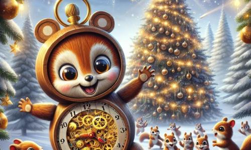 En el centro de la imagen, un pequeño reloj llamado Tic, con manecillas doradas brillantes y una cara sonriente, se maravilla ante un majestuoso árbol de Navidad decorado con guirnaldas brillantes y estrellas. Tic, un personaje de madera con engranajes visibles, expresa una alegría desbordante, sus ojos brillando de felicidad. A su lado, un grupo de adorables ardillas de pelaje marrón y ojos vivos saltan con entusiasmo. Una de ellas, con una cola en forma de penacho, levanta una pata en el aire como para saludar a Tic, mientras las otras lo rodean, compartiendo su emoción. El decorado es un hermoso claro nevado, donde la nieve brilla bajo la luz de las estrellas. Árboles majestuosos cubiertos de nieve forman un círculo alrededor de la escena, y copos de nieve caen suavemente, añadiendo un toque de magia a la atmósfera. La situación principal muestra a Tic y sus amigos celebrando la magia de la Navidad, rodeados de luces doradas que bailan en el aire, mientras un grupo de juguetes coloridos los observa con sonrisas alegres, creando un ambiente festivo y cálido.