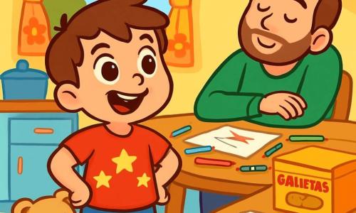 Un niño de 4 años, con cabello castaño alborotado y una gran sonrisa, está de pie en una cocina soleada. Lleva una camiseta roja con estrellas y un pantalón corto azul. Sus ojos brillan de emoción mientras mira a su alrededor, lleno de entusiasmo. A su lado, un adorable osito de peluche con pelaje beige y un lazo rojo parece animarlo en su búsqueda. En la habitación, su papá, un hombre de unos 30 años, con cabello castaño y barba suave, está sentado en la mesa, dormido, con una expresión tranquila. La cocina está llena de colores vivos: paredes amarillas, cortinas con flores y una gran ventana que deja entrar la luz del sol. En la mesa hay lápices de colores, hojas de papel y una caja de galletas, creando un ambiente alegre. La escena principal muestra al niño pensando intensamente, con las manos en las caderas, listo para crear un regalo sorpresa para su papá dormido, con una expresión decidida y llena de amor.