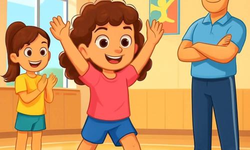 An 8-year-old girl, Maya, with curly brown hair and sparkling eyes, stands center stage, smiling with a glimmer of determination in her gaze. She wears a bright pink t-shirt and blue shorts, ready to attempt a cartwheel on the gym's shiny floor. Next to her, her friend Layla, also 8, with long, smooth hair tied in a ponytail, enthusiastically claps, her eyes shining with encouragement. A little further away, Mr. Felix, the gym teacher, a tall man with glasses and a warm smile, watches proudly with his arms crossed, ready to cheer on the children's efforts. The spacious gym has large windows letting in sunlight, and the polished wooden floor reflects the bright colors of the children's clothing. Posters of sports and games decorate the walls, adding a cheerful touch to the environment. Maya prepares to do a cartwheel, her arms raised, her face glowing with confidence and excitement as she gets ready to shine like a star on the gym floor.