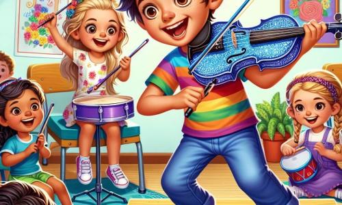 Um menino chamado Pedro, com cerca de 10 anos, cabelos castanhos bagunçados e um grande sorriso, toca seu violino azul brilhante em um pequeno palco de madeira. Ele veste uma camiseta colorida e jeans, com os olhos brilhando de excitação. Ao seu lado, Sofia, uma menina de 8 anos com cabelos loiros trançados, segura o violino azul com admiração, pronta para tocar. Ao fundo, Lucas, um menino de 9 anos, está sentado ao piano, concentrado, enquanto Ana, uma menina de 7 anos, bate alegremente em um tambor, todos sorrindo entusiasmados. O local é uma sala de aula decorada com guirlandas coloridas e desenhos de instrumentos musicais nas paredes, com crianças aplaudindo e sorrindo. A cena principal mostra Pedro e seus amigos tocando juntos, criando uma melodia alegre, cheia de risos e energia, enquanto o público os incentiva com aplausos.