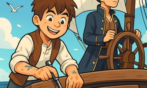 Kian, ein etwa 10-jähriger Junge mit zerzausten braunen Haaren und neugierigen Augen, steht an der Vorderseite des Piratenschiffs Morgenmöwe. Er hat ein breites, entschlossenes Lächeln und rosige Wangen vom Meereswind. Er trägt ein leicht zerknittertes weißes Hemd, eine abgenutzte Lederweste und eine Stoffhose. Seine Hände sind mit Farbresten und Harz bedeckt, was von seiner harten Arbeit zur Reparatur des Schiffs zeugt. Neben ihm steht Mara, die Kapitänin, eine Frau in ihren Dreißigern mit schwarzem, ordentlich hochgestecktem Haar, die den Horizont mit konzentriertem Blick beobachtet. Sie trägt einen langen Piratenmantel mit goldenen Knöpfen und schwarze Hosen und hält das Steuer des Schiffs fest. Die Szenerie spielt auf einem ruhigen Meer unter einem strahlend blauen Himmel mit flauschigen weißen Wolken. Die Morgenmöwe, ein schönes Schiff mit einem dunklen Holzrumpf, gleitet über die glitzernden Wellen, umgeben von Möwen, die im Kreis darüber fliegen. Kian repariert eine kleine Rissstelle am Schiffsrand mit einem glänzenden Metallwerkzeug, während der Wind die weißen Segel hinter ihm wehen lässt. Die Atmosphäre ist voller Energie und Abenteuer, mit einer leichten Meeresbrise, die die Haare der Charaktere tanzen lässt.