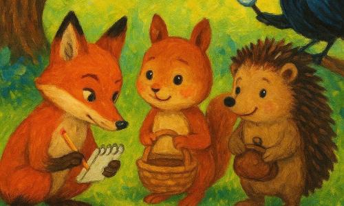 Renek, rude lis o figlarnym spojrzeniu, kuca i z ciekawością ogląda kolorową wstążkę na trawie, trzymając spiralny notatnik i ołówek; obok stoi ulgowana, pełna nadziei wiewiórka Pola z małym wiklinowym koszykiem, za nimi nieco w tle dumny, spokojny jeż Bolek trzymający brązową portmonetkę, a na niskiej gałęzi starego dębu siedzi ciekawska sroka Zosia z kawałkiem błyszczącego lustra w dziobie; scena na słonecznej polanie z zieloną trawą, drobnymi białymi kwiatami, widocznymi korzeniami dębu i krzewami borówek, ciepła, radosna atmosfera, żywe kolory i faktura farby akrylowej, szerokie pociągnięcia pędzla, kompozycja półokręgiem skupiona na błyszczącej wstążce i notatniku Renka.