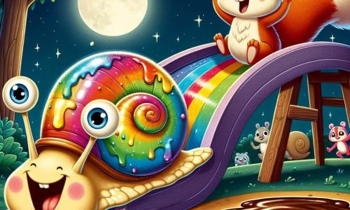 Een klein slakje genaamd Sam, met een glanzende schelp in regenboogkleuren, glijdt vrolijk van een houten glijbaan, zijn gezicht straalt van opwinding en ondeugd. Naast hem springt Bert, een eekhoorn met een rossige vacht en een pluizige staart, enthousiast, klaar om hem aan te moedigen met een grote glimlach op zijn gezicht. De scène speelt zich af in een charmante nachtelijke speeltuin, verlicht door het zachte licht van de maan, omringd door bomen met groene bladeren en een sterrenhemel. Op de achtergrond schittert een grote modderpoel in het licht, wat een humoristische touch toevoegt. De hoofdactie toont Sam en Bert die zich voorbereiden om samen van de glijbaan te gaan, met een sfeer van vriendelijke competitie, terwijl andere dieren hen ongeduldig aankijken, klaar om te lachen en te applaudisseren.