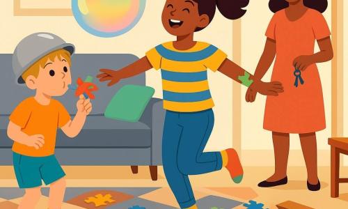 A joyful, chaotic living-room scene: a laughing 10-year-old girl with a brown ponytail, yellow-and-blue striped T-shirt, jeans and mismatched socks, puzzle stickers on her arm, spinning while holding a puzzle piece; a wide-eyed, mischievous 6-year-old blond boy with messy hair wearing a mixing bowl as a helmet, standing left of the girl and blowing a large rainbow-reflecting soap bubble near the puzzle table while proudly holding a small dragon-decorated puzzle piece; a smiling, indulgent mother of about 35 in a simple dress holding keys in the doorway watching; messy room with a gray sofa and scattered cushions, a pile of colorful books, a geometric rug, an overturned coffee table, multicolored puzzle pieces and stray socks on the floor; clear style, simple shapes, bright contrasting colors, soft shadows, readable expressions and dynamic poses.