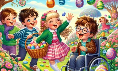 In the center of the image, four children are gathered: 1. Max, a 10-year-old boy with messy brown hair and a mischievous smile, stands on the left holding a basket full of colorful eggs. 2. Mia, a 9-year-old girl with braided blonde hair and round glasses, jumps for joy next to Max, her arms raised to the sky. 3. Sam, a 10-year-old boy with brown hair and glasses, bends down to pick up a shiny egg under a tree to the right of Max. 4. Lily, an 8-year-old girl with curly hair and a big smile, sits in her wheelchair surrounded by colorful flowers, admiring her friends. The setting is an enchanted garden with candy cane trees under a bright blue sky dotted with candy-shaped clouds. Flowers sing softly, and Easter eggs sparkle in the green grass, creating a magical atmosphere. The main scene shows the children in the midst of an egg hunt, laughing and helping each other find hidden treasures, while Sir Hopsalot, a small rabbit in a vest, watches them with a kind smile, adding a touch of magic to their adventure.