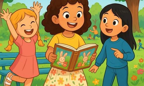 There are 3 characters: - Hardy: a 9-year-old girl with curly brown hair, wearing a yellow t-shirt and a flower skirt. She stands in the center, holding an open old book, with a big smile on her face. - Mia: an 8-year-old girl with braided blonde hair, dressed in a pink dress and white sandals. She is to the left of Hardy, bouncing with excitement, arms raised in the air. - Lila: a 9-year-old girl with straight black hair, wearing a blue sweater and jeans. She is to the right of Hardy, pointing at a large tree in the background, her eyes sparkling with wonder. The setting is a sunny park filled with colorful flowers and tall trees with bright green leaves. In the center, an old blue-painted wooden bench is surrounded by golden daffodils dancing in the wind. In the background, children are playing and laughing while families picnic on checkered blankets. The main scene shows the three friends discovering an old Easter storybook with illustrations of rabbits and colored eggs, as they stand together, ready to embark on an adventure to follow the magical trail of Easter eggs.