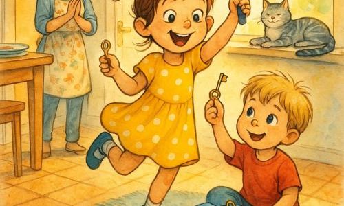 A joyful scene of a 6-year-old girl with big curious eyes and light brown pigtails in a yellow polka-dot dress holding a plastic magnifying glass and jumping as she discovers a key; Max, about 3, with messy blond hair in a red t-shirt sits on the living-room rug near the coffee table holding a small shiny key in the tray of his blue toy truck; their mother with tied brown hair in a floral apron stands by the kitchen door a few steps behind, smiling and clapping; the tabby cat Whiskers lounges on the windowsill watching; warm sunny kitchen with light tile, wooden table with colorful plates, white fridge with magnets and a plush rug in the foreground; centered composition, exuberant expressions and soft morning light.