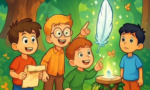 There are four children: Oliver, a 9-year-old boy with messy brown hair and curious sparkling eyes, wearing a red t-shirt and blue shorts, holding a scroll in his hands; Ethan, a 9-year-old boy with blonde hair and round glasses, dressed in a checkered shirt and beige pants, smiling enthusiastically as he looks ahead; Jasper, a 9-year-old boy with brown hair and freckles, wearing a green sweater and jeans, pointing at a majestic tree in fascination; and Leo, a 9-year-old boy with black hair and bright eyes, dressed in a light blue t-shirt and orange shorts, standing slightly back, watching the others with wonder. The main setting is a magical clearing in the heart of the Whispering Woods, surrounded by giant, gnarled trees with shimmering leaves, vibrant flowers at their feet, and a sweet scent of nature in the air. In the center stands an ancient oak with twisted roots and rough bark, creating an enchanted atmosphere. The story's main event shows the four friends discovering the Silver Feather, a sparkling silver plume on a pedestal of vines, their faces lit up with the magic of the moment as colorful pixies fly around them, adding a touch of whimsy to the scene.