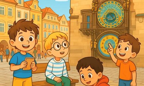 Er zijn 4 kinderen: Timo: een 5-jarig jongetje met rommelig bruin haar en sprankelende ogen. Hij draagt een blauwe t-shirt en een gele short. Hij staat, glimlachend, met een klein notitieboekje in zijn handen. Milo: een 6-jarig jongetje met blond haar en ronde bril. Hij draagt een gestreepte shirt en groene broek. Hij zit op een bank, met verwondering naar de stad te kijken. Sam: een 5-jarig jongetje met zwart haar en sproeten. Hij draagt een rode sweatshirt en jeans. Hij zit op zijn hurken, met nieuwsgierigheid naar de straatstenen te kijken. Raf: een 5-jarig jongetje met kastanjebruin haar en een grote glimlach. Hij draagt een oranje t-shirt en een blauwe short. Hij staat naast Timo en wijst naar een grote klok op een gebouw. De scène speelt zich af op een mooi plein in Praag, met oude gebouwen met kleurrijke gevels, glanzende straatstenen onder de ochtendzon, en een grote klok versierd met gouden sculpturen die de aandacht van de kinderen trekt. Mensen van verschillende nationaliteiten wandelen om hen heen, wat leven aan deze levendige scène toevoegt. De kinderen zijn verwonderd door de schoonheid van de stad, ontdekken samen de magie van Praag, met glimlachen op hun gezichten en ogen vol nieuwsgierigheid. Ze zijn omringd door oude standbeelden en een vrolijke sfeer, klaar om nieuwe avonturen te beleven.