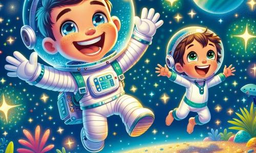 Um astronauta chamado Tomás, com um grande sorriso e olhos brilhantes, flutua no espaço, vestido com um traje espacial branco e um capacete transparente. Ele é cercado por estrelas cintilantes e planetas coloridos. Ao seu lado, um garoto de 8 anos chamado Leo, com cabelos castanhos bagunçados e um olhar maravilhado, também usa um pequeno capacete de astronauta e salta de alegria, com os braços levantados para o céu estrelado. A cena acontece no planeta Brilhantina, onde o solo é coberto de pequenas pedras brilhantes e plantas coloridas que cintilam sob a luz das estrelas. Tomás e Leo exploram juntos esse lugar fascinante, rindo e admirando a beleza do universo, enquanto uma suave melodia flutua no ar, criando uma atmosfera mágica e alegre.