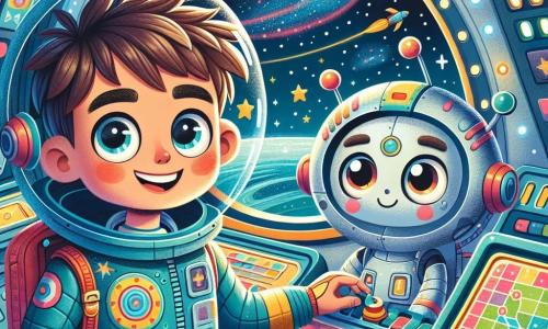 Marco, un uomo di circa trent'anni con capelli castani disordinati e occhiali tondi, si trova all'interno del suo razzo colorato, gli occhi brillanti di eccitazione. Indossa una tuta spaziale blu decorata con motivi stellati e sorride guardando fuori dal oblò, meravigliato dalla bellezza dell'universo. Accanto a lui, un robot amichevole con un corpo in metallo argentato e occhi luminosi regola i comandi del cruscotto, apparendo concentrato e pronto ad aiutare Marco nella sua avventura. L'interno del razzo è pieno di luci scintillanti e pulsanti colorati, con schermi che mostrano mappe stellari e immagini di pianeti lontani. All'esterno si vede un cielo stellato con nebulose colorate e stelle cadenti. La scena principale mostra Marco e il suo robot mentre preparano il lancio della loro missione spaziale, ansiosi di scoprire nuovi mondi e vivere avventure straordinarie tra le stelle.