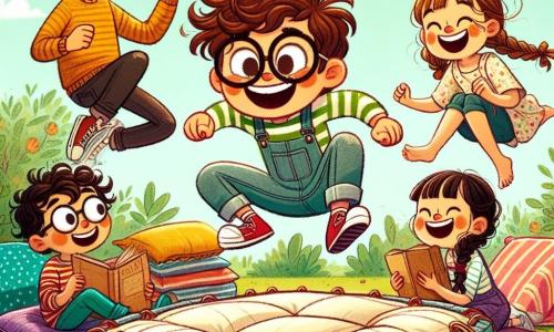 Un niño de 10 años, llamado Nacho, con el cabello castaño revuelto y una gran sonrisa traviesa, está en el centro de la imagen, saltando alegremente en un trampolín improvisado hecho de cojines de colores y cuerdas elásticas. A su derecha, Lucas, un niño alto y delgado de 10 años, con gafas redondas y cabello rubio, se ríe a carcajadas mientras sostiene una vieja colchoneta, listo para saltar. A la izquierda, Sara, una niña de 10 años con trenzas castañas y gafas, observa con una expresión divertida, sosteniendo una caja de galletas que trajo para la merienda. Mateo, el más pequeño del grupo, un niño de 8 años con cabello negro y ojos brillantes, está sentado en el suelo, rodeado de cojines, riendo y aplaudiendo, ansioso por unirse a sus amigos. La escena tiene lugar en un parque soleado, con un gran árbol de mango al fondo, sus ramas cargadas de frutas doradas, y un cielo azul salpicado de nubes blancas. Los amigos están rodeados de flores coloridas y hierba verde, creando una atmósfera alegre y lúdica. La situación principal muestra a Nacho y sus amigos saltando, riendo, listos para embarcarse en una aventura imaginaria, con estrellas dibujadas a su alrededor simbolizando su sueño de alcanzar la luna.
