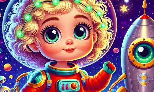 Mara, o fetiță cu părul creț și auriu, poartă o costum de astronaut roșu strălucitor cu lumini verzi sclipitoare. Are un zâmbet mare pe față, cu ochii strălucind de entuziasm, în timp ce stă lângă racheta ei. Aproape, un mic robot prietenos, cu un corp argintiu și ochi luminoși, îi întinde o mână metalică, pregătit să o ajute în aventură. Decorul este un vast spațiu înstelat, plin de planete colorate și comete, cu nori de praf stelar strălucitor. Mara este pe cale să urce în racheta ei pentru a explora universul, nerăbdătoare să descopere lumi noi și să își facă prieteni printre stele.