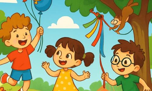 There are 3 characters: Max, a 6-year-old boy with curly, messy hair like a cloud, wearing a red t-shirt and blue shorts, joyfully jumping while holding colorful balloons. Lily, a 6-year-old girl with sparkling eyes and bouncing pigtails, wears a yellow polka dot dress and sandals, smiling as she watches the balloons float away. Benny, a 6-year-old boy with round glasses and tousled brown hair, is in a green t-shirt and shorts, running after a mischievous squirrel while laughing. The setting is a sunny park filled with tall trees with bright green leaves, colorful flowers dancing in the wind, and a lively playground where other children are playing. The main scene shows Max, Lily, and Benny chasing a playful squirrel tugging at a ribbon from their balloon catcher made of sticks and colorful ribbons, while multicolored balloons happily float in the blue sky. The children's faces are filled with laughter and excitement, creating a lively and friendly atmosphere.