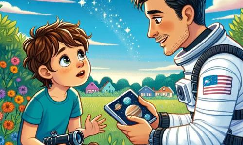 În prim-plan, un băiat de 12 ani, Andrei, cu părul castaniu și ochi strălucitori de curiozitate, privește cu uimire un astronaut în uniformă albă, Alex, care are aproximativ 40 de ani, cu păr scurt și barbă bine întreținută. Andrei ține un telescop mic în mâini, în timp ce Alex îi arată imagini cu planete pe o tabletă. În fundal, un cer albastru strălucitor este presărat cu nori albi, iar un mic oraș se conturează cu case colorate și copaci verzi. Scena se desfășoară într-un parc liniștit, cu o bancă veche din lemn unde cei doi personaje sunt așezați, înconjurați de flori multicolore. Situația principală îl arată pe Andrei, fascinat, ascultând cu atenție poveștile lui Alex despre călătoriile sale în spațiu, în timp ce stelele strălucitoare încep să apară pe cer la amurg, simbolizând visele de explorare ale lui Andrei.