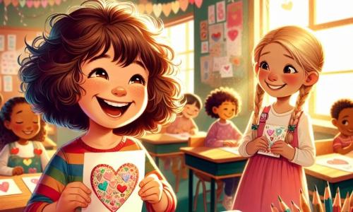 In einem bunten Klassenzimmer hält ein 6-jähriges Mädchen namens Lina mit lockigem, braunem Haar und einem strahlenden Lächeln eine herzförmige Valentinskarten in den Händen. Sie ist voller Aufregung und Freude, ihre Augen funkeln vor Glück. Neben ihr steht ihre beste Freundin Mia, ebenfalls 6 Jahre alt, mit geflochtenem, blonden Haar und einem rosa Kleid. Sie schaut Lina bewundernd an und hält eine weitere, bunt dekorierte Karte in der Hand, während sie leicht im Hintergrund steht und gespannt auf Linas Reaktion wartet. Das Klassenzimmer ist mit Papierherzgirlanden, Kinderzeichnungen an den Wänden und Holztischen dekoriert, an denen andere Kinder Karten austauschen. Sonnenlicht strömt durch die Fenster und schafft eine warme, fröhliche Atmosphäre. Lina hat gerade eine geheimnisvolle Karte auf ihrem Tisch entdeckt und ist dabei, Mia zu verraten, dass ihr Freund Ben ihr dieses besondere Geschenk zum Valentinstag gemacht hat. Die beiden Freundinnen teilen einen Moment der Vertrautheit und Aufregung, umgeben von der festlichen Atmosphäre der Klasse.
