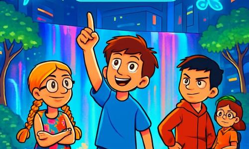 Es gibt 4 Kinder: - Lukas: ein 11-jähriger Junge mit zerzausten braunen Haaren und neugierigen Augen. Er trägt ein leuchtend blaues T-Shirt und Shorts. Er steht in der Mitte und zeigt begeistert zum Himmel. - Mia: ein 10-jähriges Mädchen mit langen, geflochtenen blonden Haaren und runden Brillen. Sie trägt ein farbenfrohes Kleid mit Blumenmustern. Sie steht links von Lukas, hat die Arme verschränkt und lächelt aufgeregt. - Niko: ein 11-jähriger Junge mit schwarzen Haaren und dunklen Augen. Er trägt einen roten Kapuzenpullover und schwarze Hosen. Er steht rechts von Lukas, hat die Hände in die Hüften gestützt und zeigt einen herausfordernden Gesichtsausdruck. - Leona: ein 10-jähriges Mädchen mit kastanienbraunen Haaren und Sonnenbrille auf dem Kopf. Sie sitzt in einem futuristischen Elektrorollstuhl, der mit LED-Lichtern dekoriert ist. Sie ist leicht im Hintergrund und lächelt stolz, während sie ihre Freunde beobachtet. Der Ort ist die Leuchtende Quelle, ein magischer Raum im Herzen der futuristischen Stadt NovaLuma. Glitzernde Wasserfälle fallen in Kaskaden, beleuchtet von bunten Lichtern. Hologramme fliegender Tiere tanzen um sie herum und werfen lebendige Schatten auf den Boden. Bäume mit leuchtenden Blättern umgeben die Szene und schaffen eine märchenhafte Atmosphäre. Die Hauptsituation der Geschichte zeigt die Kinder, die ein verborgenes, altes Labor entdecken, wo ein holographischer Bildschirm aufleuchtet und technologische Geheimnisse offenbart. Sie sind fasziniert und neugierig, bereit, die Geheimnisse ihrer futuristischen Stadt zu erkunden.