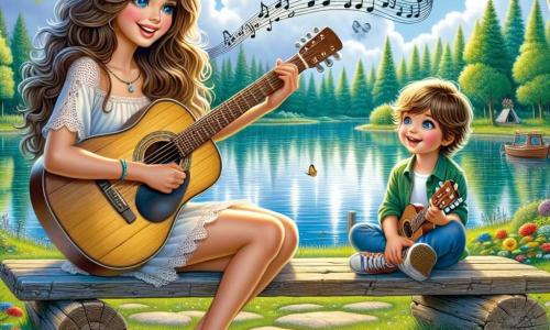 Eine junge Frau namens Lila, mit langen, gewellten braunen Haaren und strahlenden, fröhlichen Augen, sitzt auf einer alten Holzschaukel am Ufer eines glitzernden Sees. Sie spielt Gitarre, ein strahlendes Lächeln erhellt ihr Gesicht, während Musiknoten um sie herum wie bunte Schmetterlinge zu schweben scheinen. Neben ihr sitzt ein kleiner Junge namens Max, etwa 8 Jahre alt, mit zerzausten blonden Haaren und staunenden blauen Augen, der sie aufmerksam beobachtet. Er sitzt mit gekreuzten Beinen auf dem Boden und hält eine kleine Plastikgitarre, versucht, Lila nachzuahmen, mit einem konzentrierten Ausdruck. Die Umgebung ist bezaubernd: ein silberner See, umgeben von großen Bäumen mit lebhaften grünen Blättern, und ein hellblauer Himmel mit flauschigen weißen Wolken. Bunte Wildblumen säumen den Weg zur Schaukel und verleihen der Szene einen Hauch von Magie. Die Hauptsituation zeigt Lila, die Max beibringt, Gitarre zu spielen, und ihre Leidenschaft für Musik in einer beruhigenden und inspirierenden natürlichen Umgebung teilt, wo die Melodie des Windes sich mit ihrem Lachen vermischt.