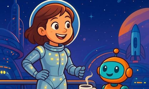 O femeie pilot de navetă spațială, Iulia, stă pe platforma unei gări cosmice, zâmbind cu mândrie. Poartă un costum argintiu strălucitor, cu lumini intermitente, iar părul ei castaniu flutură ușor în vidul spațial. Ochi ei strălucesc de excitație în timp ce admiră peisajul înstelat. Aproape de ea, un robot asistent cu forme rotunde și culori vii, având brațe articulate, îi aduce o cană cu apă caldă. Robotul are o voce prietenoasă și pare nerăbdător să o ajute. Locația este o gară spațială futuristă, cu structuri metalice strălucitoare, antene uriașe care se întind spre cerul înstelat și nave spațiale ancorate în jur, iluminate de lumini multicolore. În fundal, comete se deplasează încet, adăugând o notă de magie scenei. Iulia, verificând luminile de navigație ale gării, se concentrează pe muncă, bucurându-se de frumusețea spațiului. Știe că a îndeplinit o misiune importantă, iar inima ei este plină de bucurie și satisfacție.