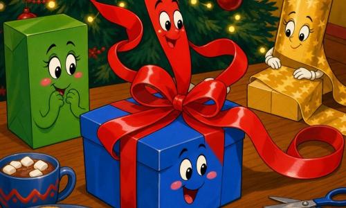 La protagonista es una larga cinta roja brillante, personaje animado con ojos redondos y sonrisa dulce, textura satinada, que se enrosca formando un gran lazo pompón sobre una caja azul; personajes secundarios: una pequeña caja azul cuadrada con rostro sonriente y mejillas sonrosadas, maravillada y mirando la cinta; una caja verde rectangular con ojos brillantes y sonrisa tímida, impaciente y feliz a la izquierda; un rollo de papel con estrellas doradas, cortés y brillante, que cubre suavemente una caja pequeña al fondo; todo sobre una mesa de madera barnizada frente a un abeto de Navidad verde oscuro decorado con guirnaldas luminosas y bolas rojas, con galletas, chocolate caliente y etiquetas de regalo esparcidas; escena de la cinta haciendo un gran nudo con movimientos fluidos y danzantes, ambiente luminoso, colores vivos y contrastados, estilo suave y redondeado, atmósfera acogedora y festiva.