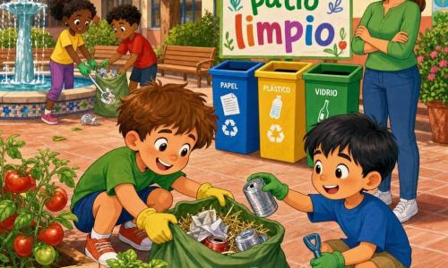 Un niño de 6 años de rostro redondo con pecas y pelo castaño despeinado, sonriente y decidido, agachado recogiendo un envase junto a un parterre de tomates mientras sostiene una gran bolsa verde de tela llena de papeles y una pajita brillante; a su derecha, Lucas, un niño de 6 años de pelo negro corto y expresión curiosa, sostiene una palita de plástico y ayuda a meter latas en la bolsa; cerca, la maestra de unos 30 años con cabello castaño recogido en coleta y sonrisa amable, brazos cruzados, señala unos contenedores de reciclaje detrás de ella junto a un cartel “por un patio limpio”; todo ocurre en un patio escolar soleado con losas, un pequeño huerto de tomates y albahaca, una fuente, bancos y contenedores de colores, en una escena pedagógica y optimista, con colores vivos, trazos suaves y texturas tipo crayón.