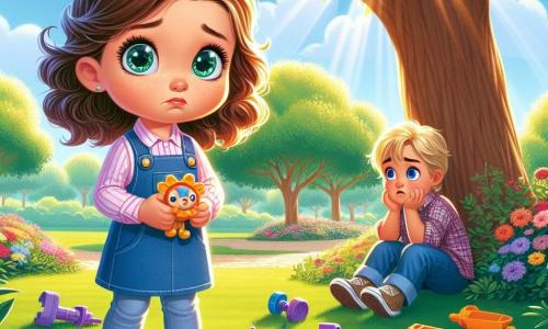 A 4-year-old girl named Lily, with big bright eyes and curly brown hair, stands under a large tree in a sunny park. She has a shy yet determined smile, holding a piece of plastic toy in her small hands. Next to her, her 6-year-old brother Jake, with blonde hair and a blue shirt, looks at Lily with an expression of surprise and curiosity. He is sitting on the grass, surrounded by pieces of his broken toy, ready to listen to her. The park is filled with colorful flowers and green trees, with rays of sunlight filtering through the leaves, creating a warm and welcoming atmosphere. The main scene shows Lily, a bit nervous, confessing to her brother that she broke his toy, as they sit together on the grass, ready to fix it together, symbolizing the importance of truth and honesty.