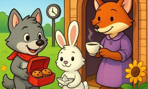 Little Wolf, a small gray wolf with round gentle eyes, smiling and proud, wears a red scarf and holds an open red lunchbox with fruit muffins while standing before a wooden cottage door; beside him Bunny, a white fluffy rabbit with large pink ears, looks happy holding a paper boat; Grandma Fox, a warm red fox, appears in the doorway with a steaming cup of tea; in front of the house a green meadow with yellow flowers and a sunflower, a stone path, a blue mailbox and a distant village clock showing ten o'clock; bright, colorful scene with soft shapes, visible fur textures, light shadows and a feeling of gentle adventure and a punctual meeting.