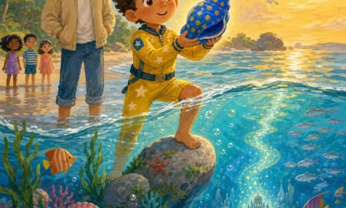 Um menino de 6 anos, encantado e corajoso, cabelos castanhos encaracolados, segura uma grande concha azul royal com pontos dourados que emite um brilho suave; veste um traje de mergulho amarelo com estrelas e está à beira da água, um pé numa pedra lisa e o outro numa onda transparente. Atrás dele, o pai de cerca de 35 anos, sorridente e seguro, com cabelo castanho claro e jaqueta bege, de mãos nos bolsos, observa a concha. Peixes coloridos e cardumes prateados nadam numa janela subaquática formando um trilho luminoso rumo ao fundo; uma pedra plana cinza-perolada com algas e conchas margeia a cena. A água rasa é cristalina como vidro, com reflexos dourados do sol, bolhas brilhantes e um caminho de luz azul-esverdeada que conduz a um mundo subaquático mágico e seguro, transmitindo descoberta suave, proteção e convite à aventura.