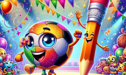 Un piccolo pallone da calcio chiamato Pallino, rotondo e colorato con un grande sorriso, rotola gioiosamente su un palco di carnevale, i suoi occhi brillano di eccitazione. Indossa un costume scintillante decorato con stelle di carta e brillantini, pronto a divertirsi. Accanto a lui, Colorina, una matita colorata con tonalità vivaci, disegna motivi colorati nell'aria, il suo volto irradia creatività e gioia. Sullo sfondo, la scena del carnevale è piena di giocattoli festivi, con festoni colorati, palloni fluttuanti e luci scintillanti, creando un'atmosfera magica e gioiosa. Pallino danza e rotola sul podio, circondato da altri giocattoli che applaudono e ridono, catturando lo spirito della festa e dell'amicizia.