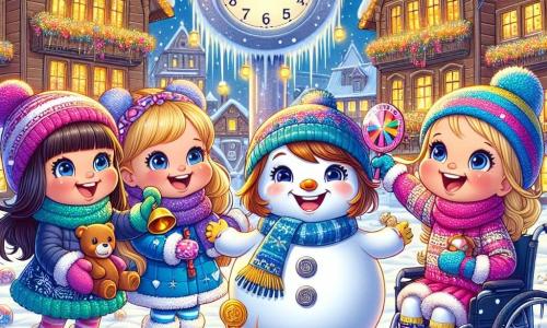 Four joyful girls stand in the center of a snowy square, ready to celebrate the New Year. Emily (10) wears a bright red scarf and a white coat, with rosy cheeks and sparkling eyes, smiling widely while holding a small teddy bear found in a snowball. Ava (9) sports a shiny blue hat and a blue coat, shaking a small golden bell, her face beaming with excitement. Mia (10) has starry mittens and a purple coat, holding an open winter storybook, her eyes filled with wonder. Lily (10) is in a sparkling wheelchair, dressed in a rainbow coat, blowing a colorful whistle and laughing with her friends. The lively scene is surrounded by wooden houses decorated with lights, gentle snowflakes falling, and a large ice clock shining in the center, ready for the New Year countdown. The girls hold hands, ready to shout "Happy New Year!" as a huge smiling snowman stands beside them, adding to the festive atmosphere.
