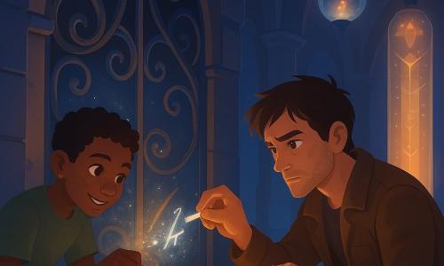 A man, Cassian, with a determined, slightly tired face, tousled brown hair and a worn jacket at the elbows, crouches by a twisted metal gate hinge holding a small brass proof-chime emitting a silver line of light while drawing glowing runes with a bit of bright chalk; to his left a boy, Nix (about 16), energetic with soot-smudged cheeks, short hair and a copper ear bead, holds a fine spool of copper wire and sprinkles sparkling storm-sand into the rune grooves; in the background right rises the Grandmother Quartz column, a tower-high translucent pillar with warm amber inner light and floating runic patterns that pulse like a beating heart; the setting is a vast cathedral-like corridor of polished black stone with a vaulted ceiling, floating glass lanterns containing mini star-storms, broken crystal shards and snaking metal cables with iridescent reflections; the scene shows two improvised repairers restarting an ancient portal by restoring a missing rune as a magical spark runs along the copper wire, the rune ignites and a spray of luminous glitter bursts from the portal frame.