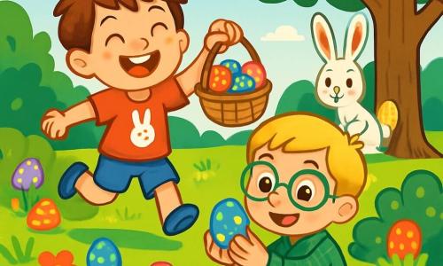 Há 2 personagens principais: Pedro, um menino de 5 anos com cabelos castanhos bagunçados e olhos brilhantes, vestindo uma camiseta vermelha com um desenho de coelho e um short azul, saltando de alegria com uma pequena cesta cheia de ovos coloridos; e Lucas, também de 5 anos, com cabelos loiros e óculos redondos, vestindo uma camisa xadrez verde e calças bege, agachado examinando um ovo azul com bolinhas amarelas que acabou de encontrar, sorrindo. A cena acontece em um grande jardim ensolarado, repleto de flores coloridas, árvores verdes e arbustos densos, com ovos de Páscoa escondidos por toda parte e um grande carvalho ao fundo, onde um coelhinho travesso observa tudo. A situação principal mostra Pedro e Lucas em uma divertida caça aos ovos de Páscoa, rindo enquanto o coelhinho os observa, pronto para surpreendê-los com um ovo dourado escondido atrás de si.