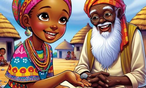 Amina, eine junge afrikanische Frau, steht im Mittelpunkt des Bildes mit einem breiten Lächeln auf ihrem Gesicht und neugierigen, strahlenden Augen. Sie trägt ein buntes Kleid mit traditionellen Mustern und ein lebhaftes Kopftuch, während sie eine kleine Muschel in ihrer Hand hält, ein Symbol der Weisheit. Neben ihr sitzt ein alter weiser Mann, etwa 70 Jahre alt, mit einem langen weißen Bart und Falten, die Geschichten erzählen. Er sitzt auf einem Stein, die Hände auf den Knien, und hört Amina aufmerksam zu. Im Hintergrund sieht man ein malerisches afrikanisches Dorf mit Lehmhütten mit Strohdächern, majestätischen Bäumen und einem strahlend blauen Himmel, der mit weißen Wolken übersät ist. Die Szene zeigt Amina, die ihre Abenteuer mit dem Weisen teilt, während neugierige Kinder näher kommen, um zuzuhören, und eine Atmosphäre von Freude und Lernen schaffen.
